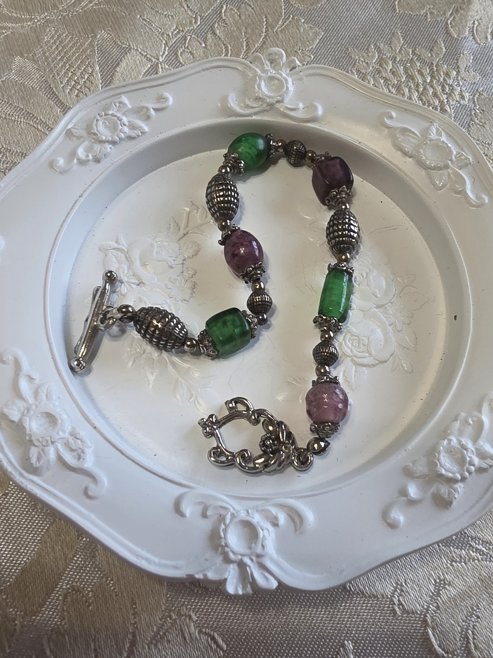 Green and Purple Beaded Silver-Tone Bracelet